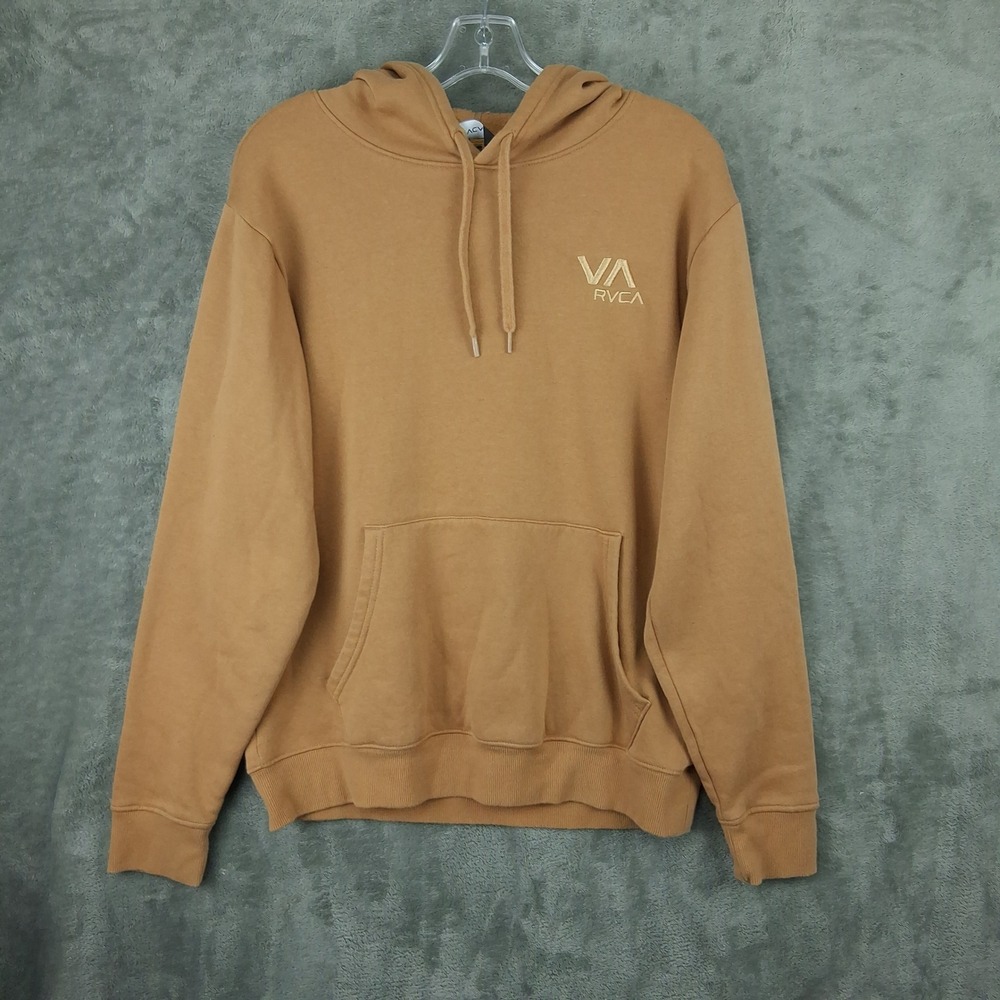 RVCA Fleece Hoodie Mens Small Tan Brown VA Logo Pullover Sweatshirt